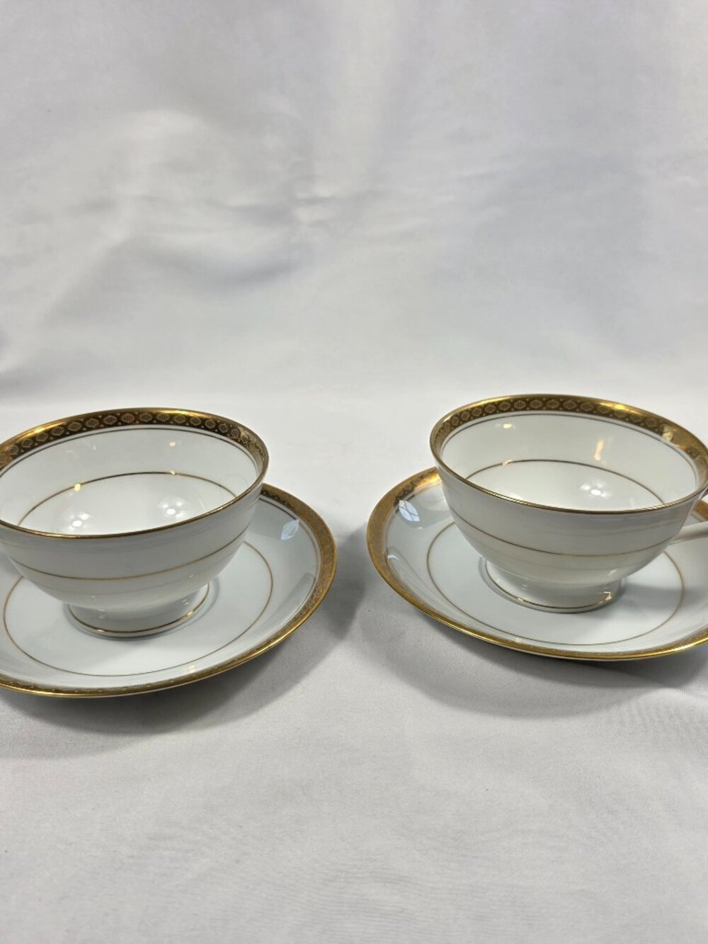 TWO Noritake Richmond Cup & Saucer Sets White with Decor on Gold Trim